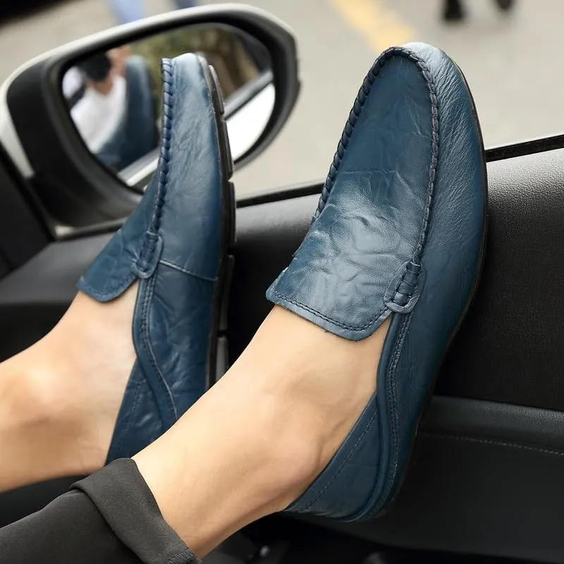 Mens Loafers Shoe Round Toe Leather Perforated Moccasins Loafer Shoes Anti-Slip Slip Resistant Flat Heel Classic Walking Slip-ons