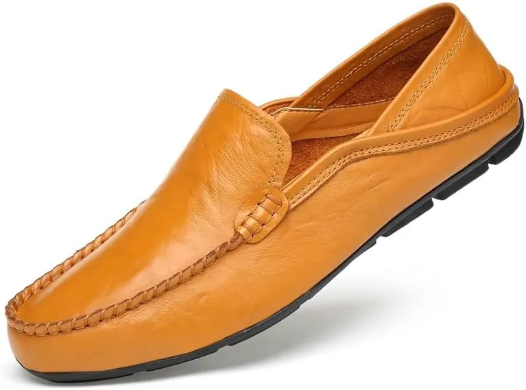 Mens Loafers Shoe Round Toe Leather Perforated Moccasins Loafer Shoes Anti-Slip Slip Resistant Flat Heel Classic Walking Slip-ons