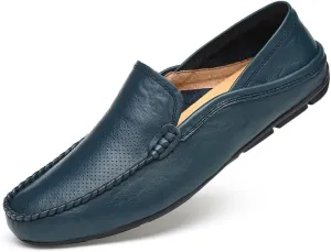 Mens Loafers Shoe Round Toe Leather Perforated Moccasins Loafer Shoes Anti-Slip Slip Resistant Flat Heel Classic Walking Slip-ons