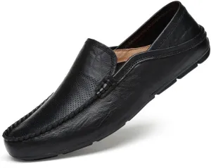 Mens Loafers Shoe Round Toe Leather Perforated Moccasins Loafer Shoes Anti-Slip Slip Resistant Flat Heel Classic Walking Slip-ons