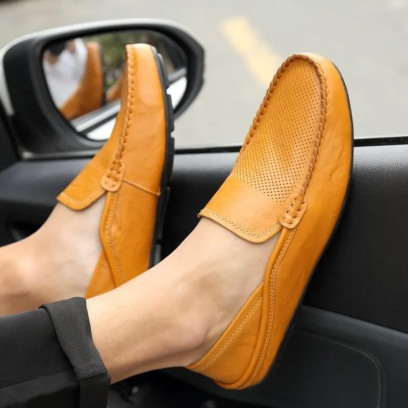 Mens Loafers Shoe Round Toe Leather Perforated Moccasins Loafer Shoes Anti-Slip Slip Resistant Flat Heel Classic Walking Slip-ons