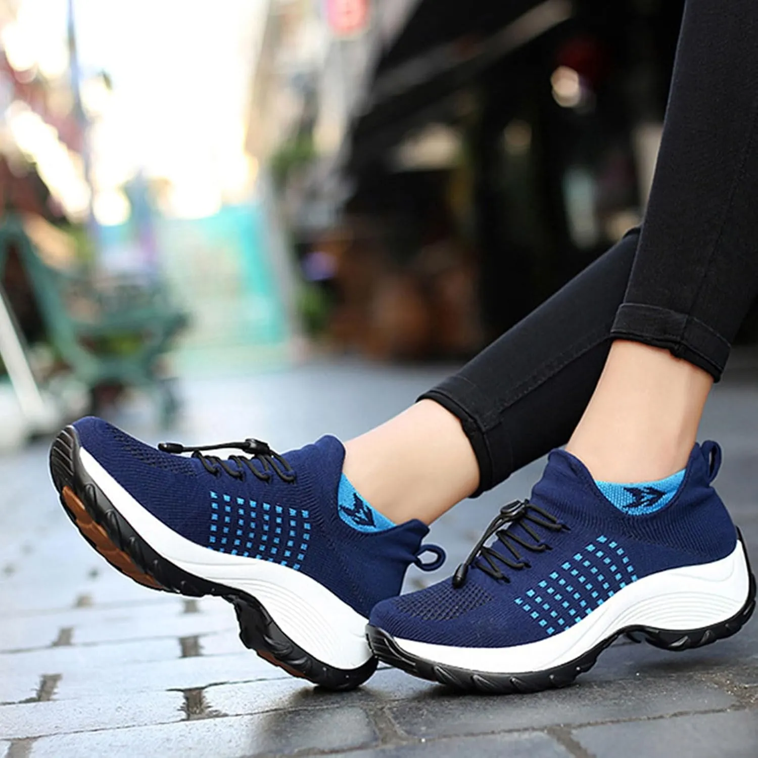 Mens Platform Sneakers Air Cushion for Day Walking, Orthopedic Stretch Breathable, Thick Rocker Bottom for Men Women