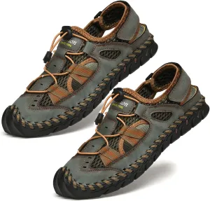 Men's Sandals LightweightMens Leather Sandals Outdoor Hiking Sandals Waterproof Athletic Sports Sandals Fisherman Beach Shoes Closed Toe Water Sandals (Color : Green, Size : 9)