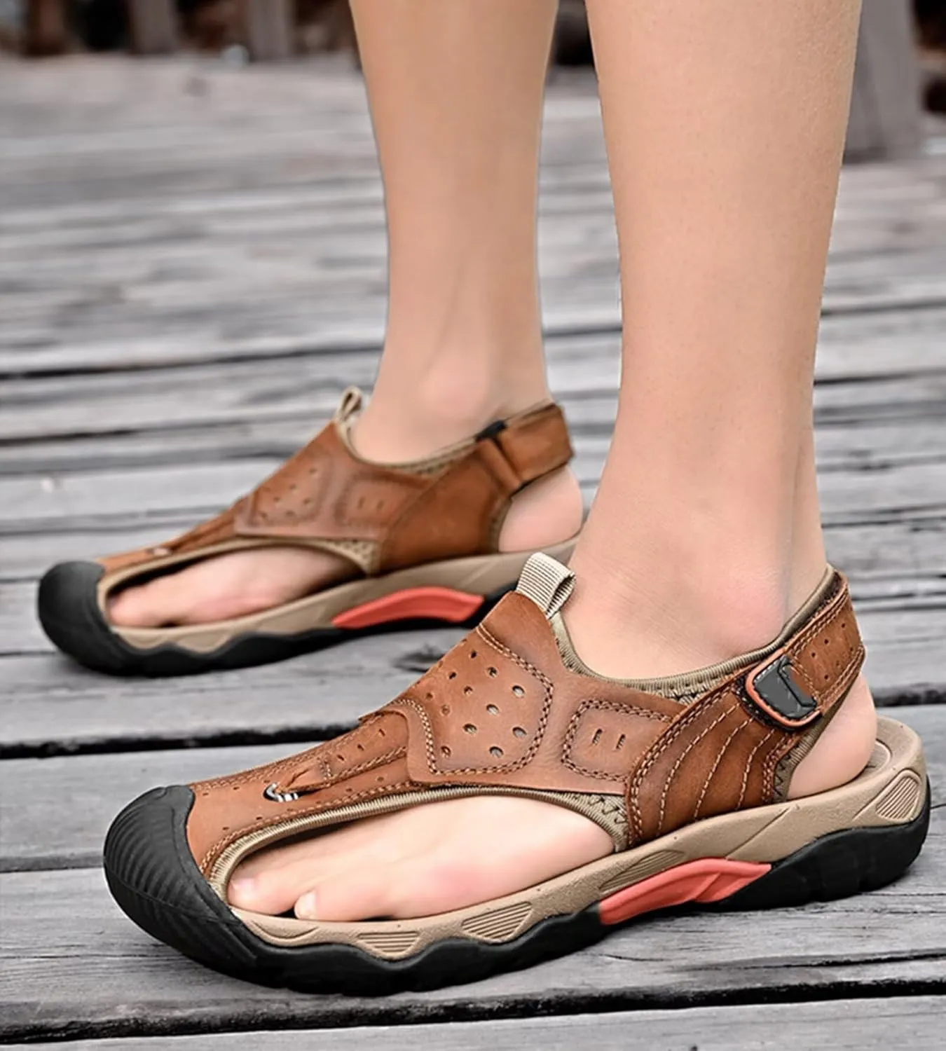 Mens Sport Sandals Closed Toe Outdoor Fisherman Shoes Leather Summer Beach Sandals Breathable Anti-Slip Driving Walking Hiking Sandals