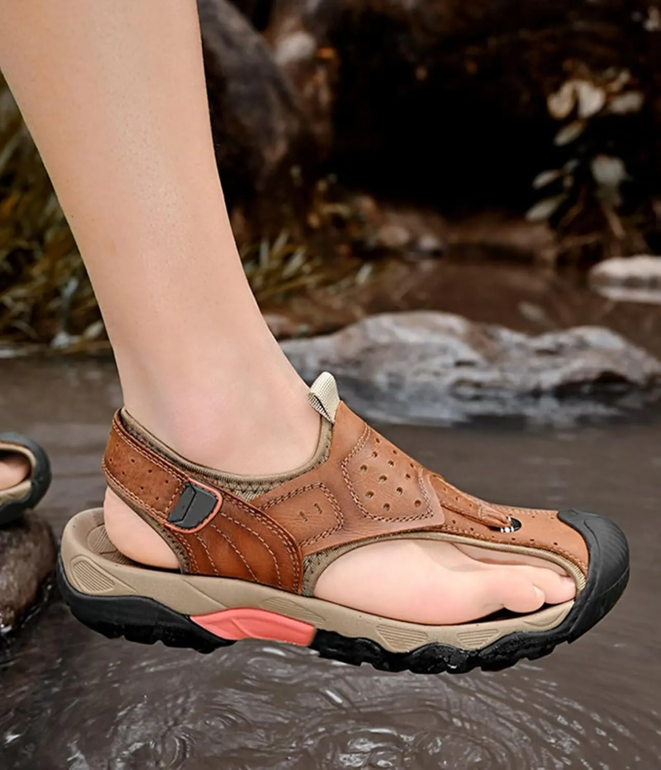 Mens Sport Sandals Closed Toe Outdoor Fisherman Shoes Leather Summer Beach Sandals Breathable Anti-Slip Driving Walking Hiking Sandals