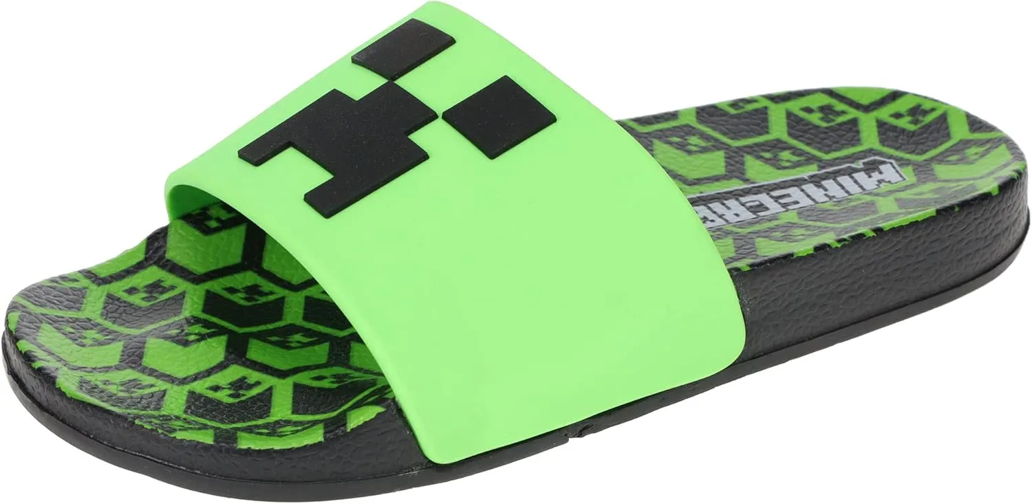 Minecraft Official Boys Creeper Sport Slide Sandals, Comfort, Casual, Pool, Slide, Outdoor