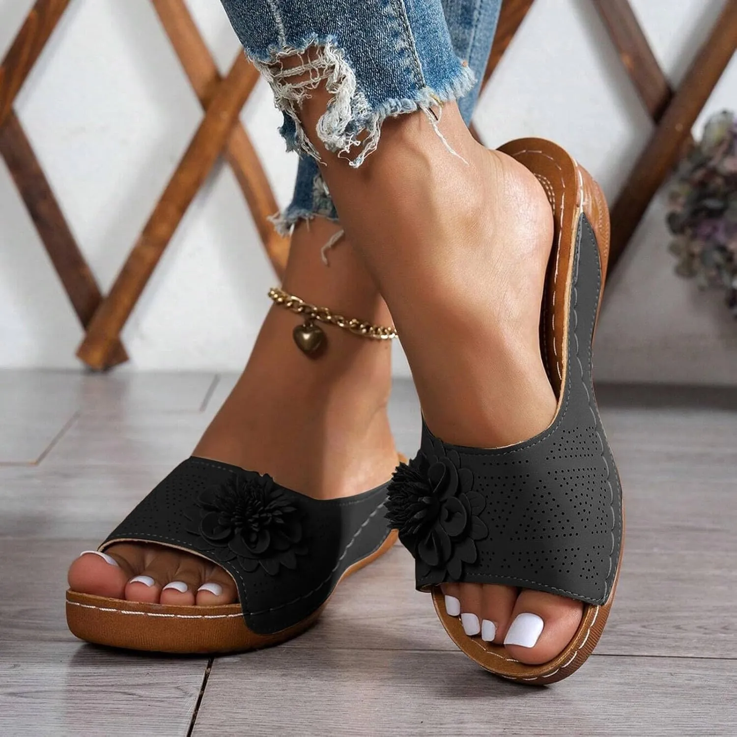 Orthopedic Sandals for Women Arch Support Fish Mouth Open Toe Leather Slippers Platform Wedge Sandals Dressy Summer Comfortable Slide Sandal Best Walking Shoes