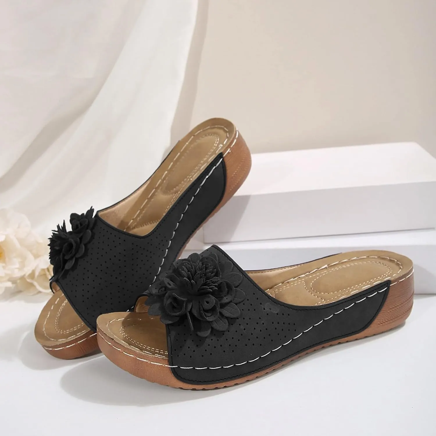 Orthopedic Sandals for Women Arch Support Fish Mouth Open Toe Leather Slippers Platform Wedge Sandals Dressy Summer Comfortable Slide Sandal Best Walking Shoes