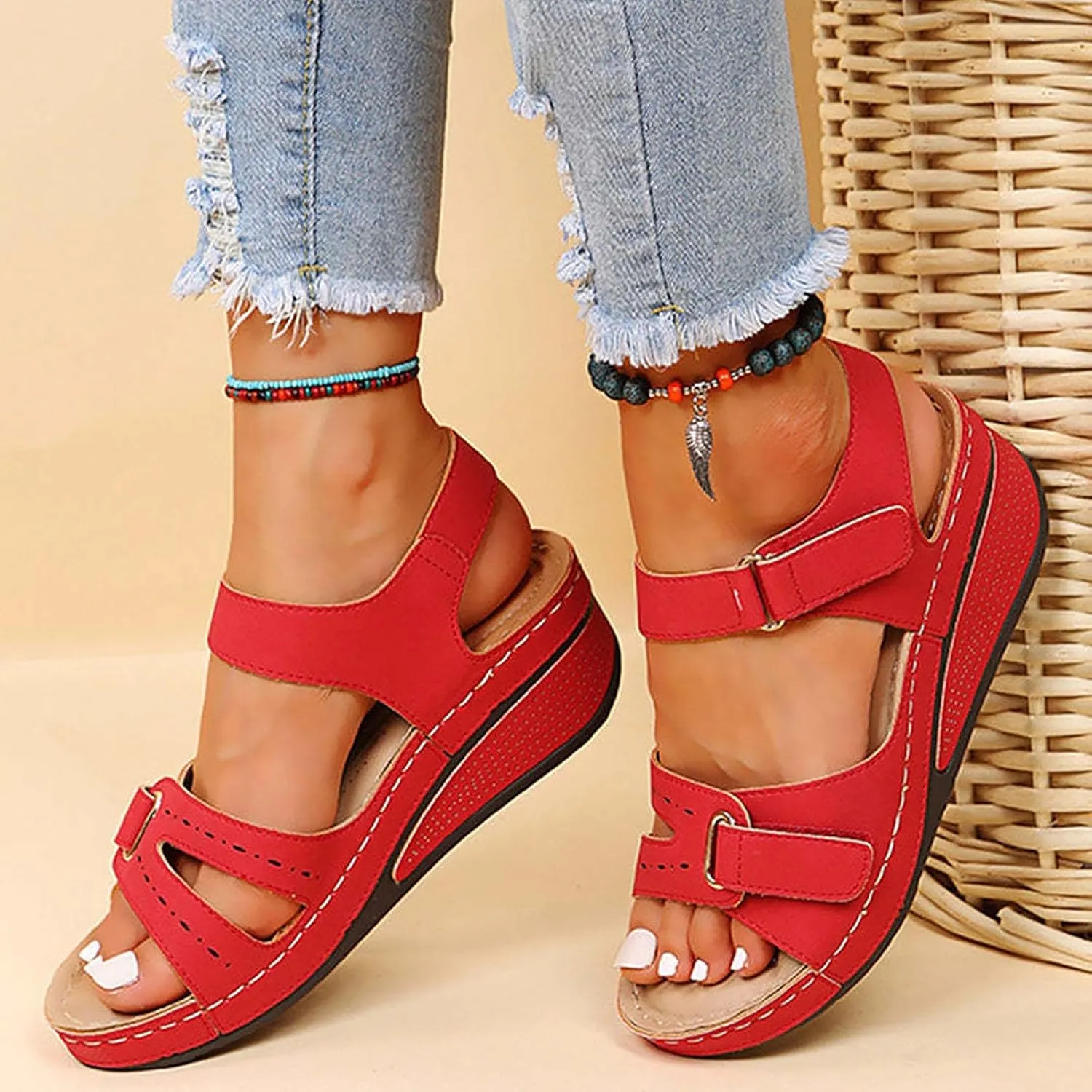 Orthopedic Sandals for Women Arch Support, Women Dressy Summer Comfortable Strappy Sandals Ankle Strap Slip On Sandal Wide Width Best Walking Sandal for Travel 2025 Summer Flat Shoes