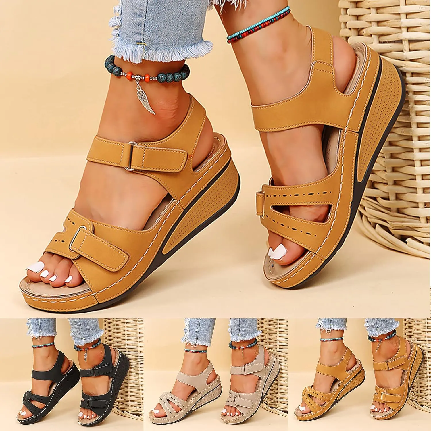 Orthopedic Sandals for Women Arch Support, Women Dressy Summer Comfortable Strappy Sandals Ankle Strap Slip On Sandal Wide Width Best Walking Sandal for Travel 2025 Summer Flat Shoes