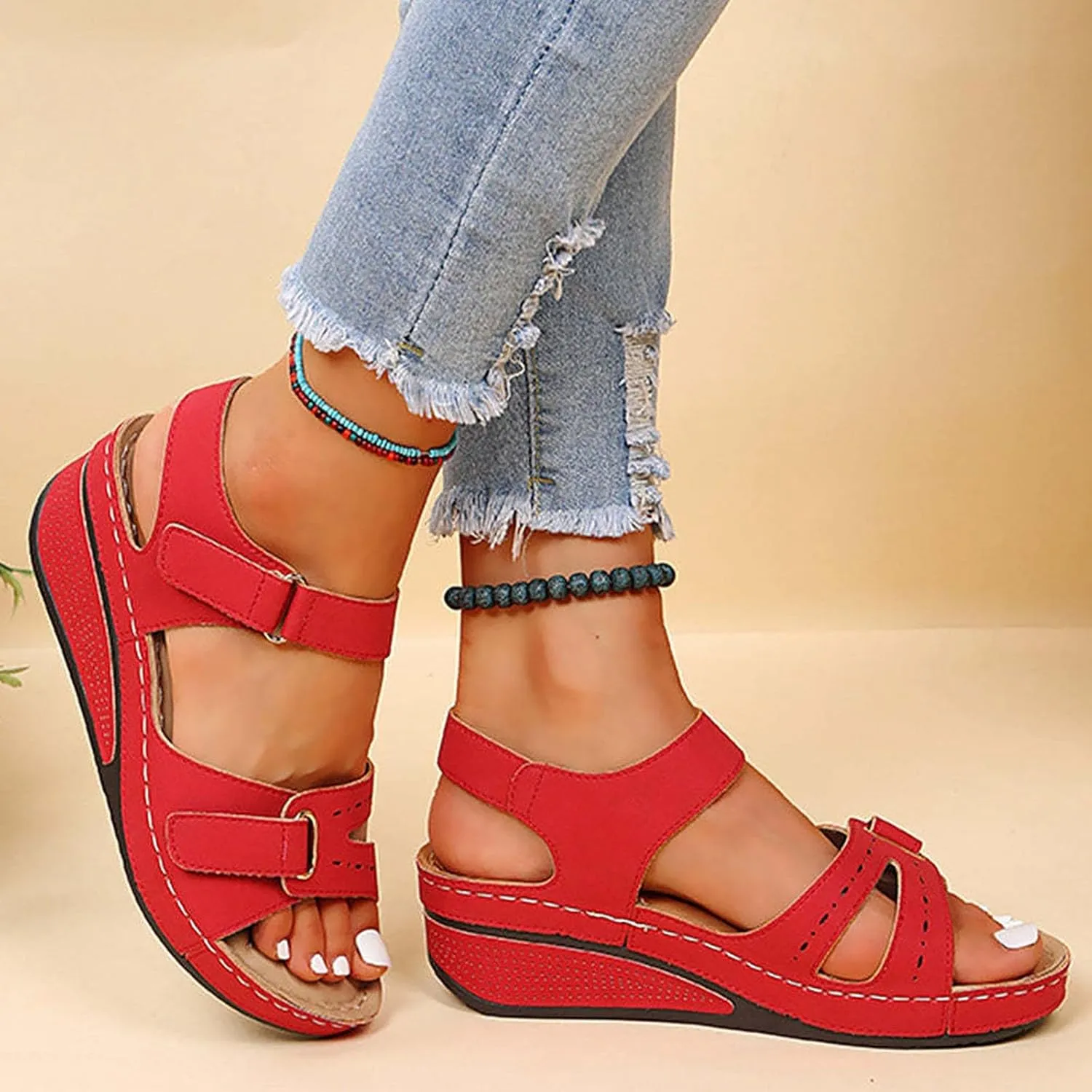 Orthopedic Sandals for Women Arch Support, Women Dressy Summer Comfortable Strappy Sandals Ankle Strap Slip On Sandal Wide Width Best Walking Sandal for Travel 2025 Summer Flat Shoes