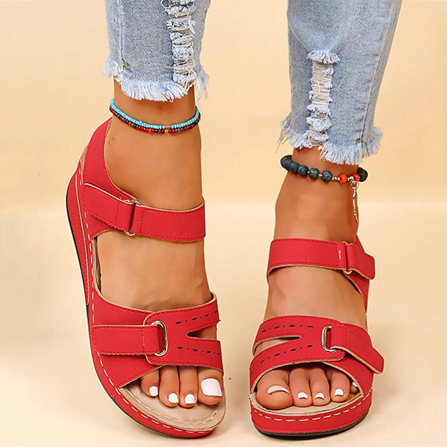 Orthopedic Sandals for Women Arch Support, Women Dressy Summer Comfortable Strappy Sandals Ankle Strap Slip On Sandal Wide Width Best Walking Sandal for Travel 2025 Summer Flat Shoes