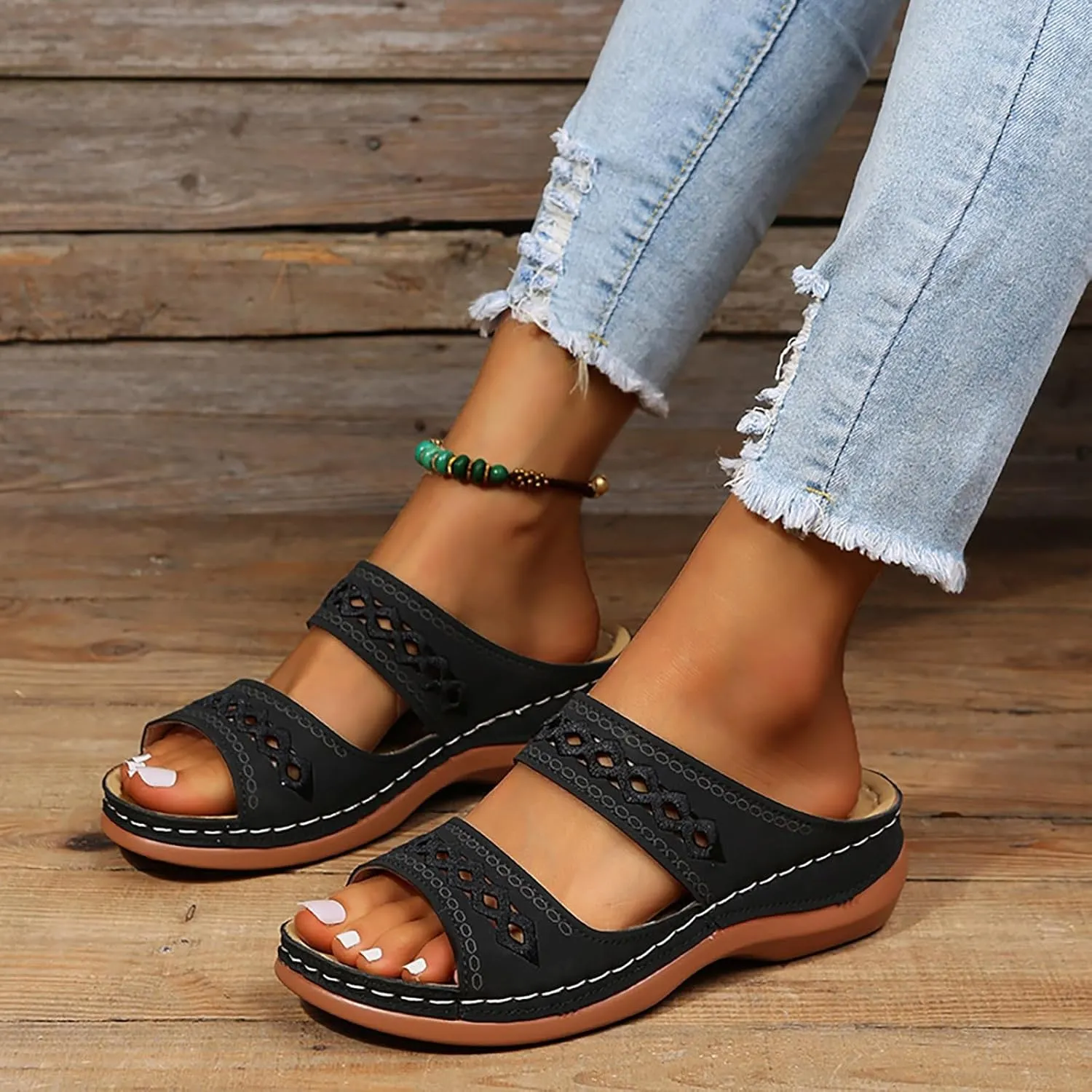 Orthopedic Sandals for Women Arch Support, Women Dressy Summer Wedges Slip On Comfortable Sandals Hollow Out Slides Sandal Boho Beach Sandal Casual Dress Shoes
