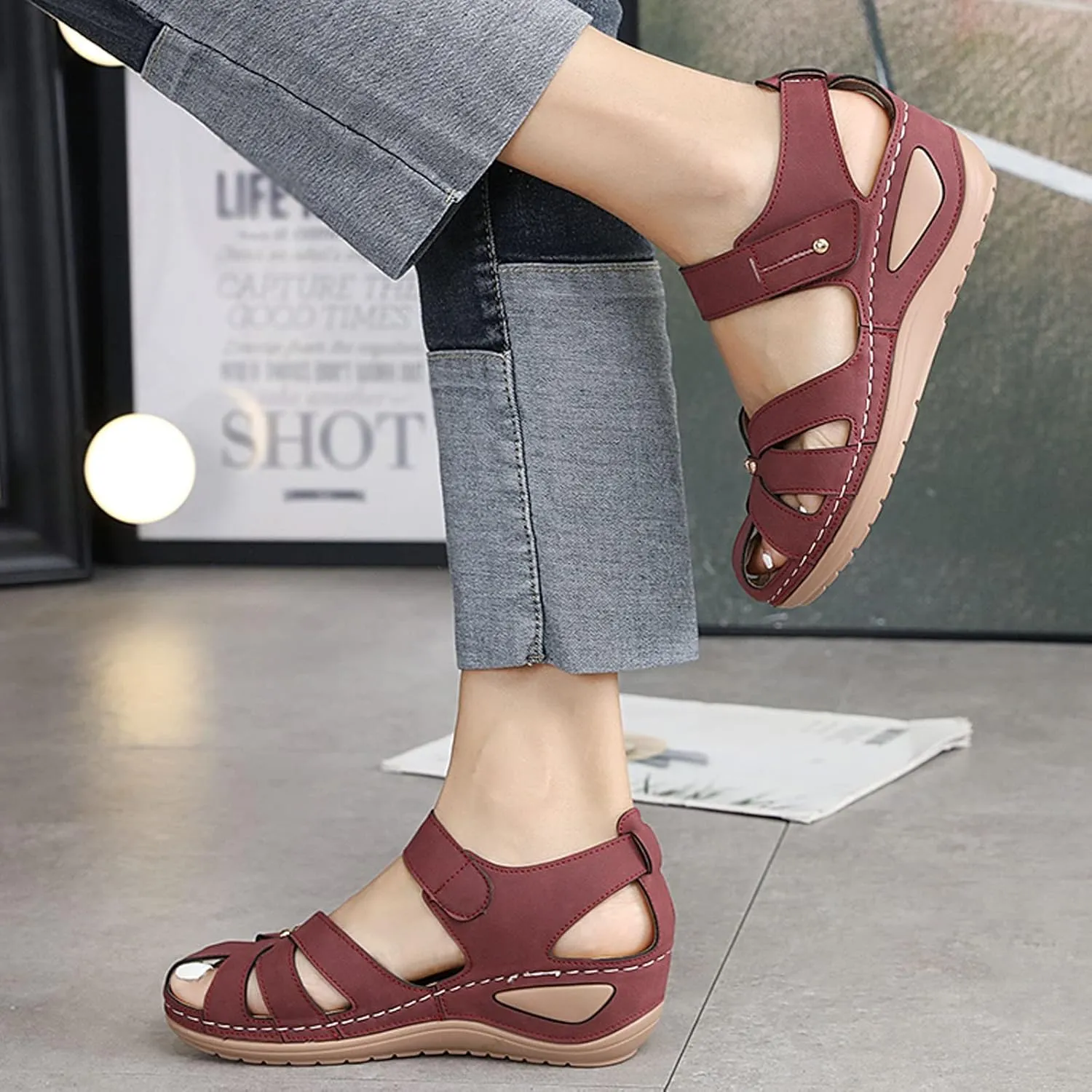 Orthopedic Sandals for Women High Heel Bohemian Elastic Ankle Strap Classic Summer Anti Slip Soft Shoes