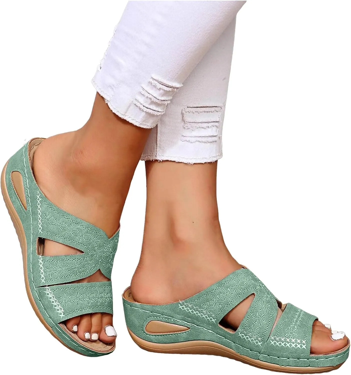 Orthopedic Sandals for Women Wide Width, Women Dressy Summer Wedges Slip On Comfortable Sandals Arch Support Hollow Out Slides Sandal Boho Beach Sandal Casual Dress Shoes