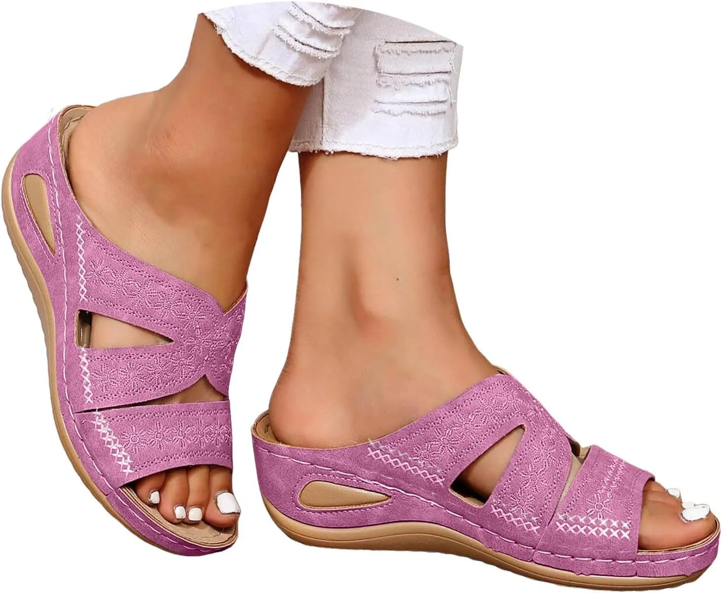 Orthopedic Sandals for Women Wide Width, Women Dressy Summer Wedges Slip On Comfortable Sandals Arch Support Hollow Out Slides Sandal Boho Beach Sandal Casual Dress Shoes