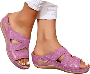 Orthopedic Sandals for Women Wide Width, Women Dressy Summer Wedges Slip On Comfortable Sandals Arch Support Hollow Out Slides Sandal Boho Beach Sandal Casual Dress Shoes