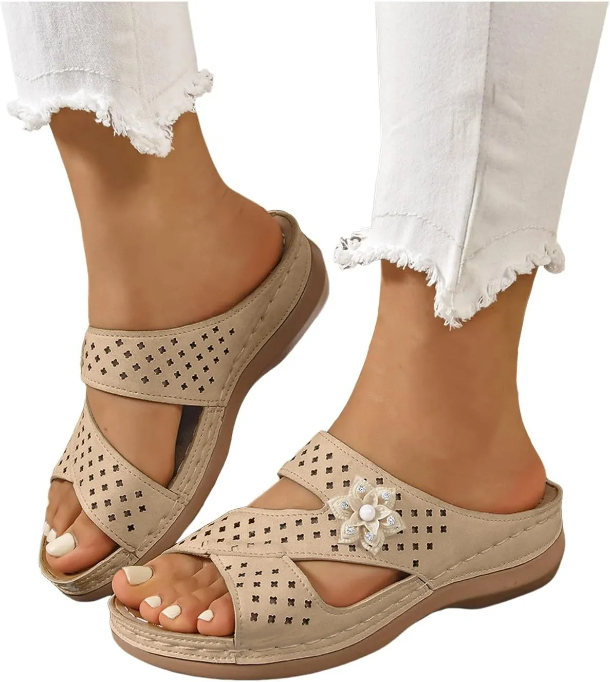 Orthopedic Wedge Sandals for Women Dressy Summer Comfortable Walking 2025 Casual Open Toe Hollow Out Flower Bohemian Slippers Arch Support Sandals for Beach Walking Vacation