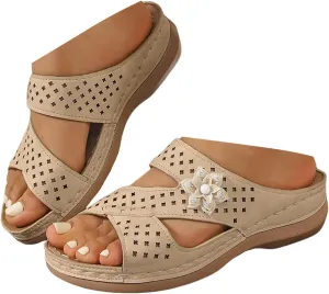 Orthopedic Wedge Sandals for Women Dressy Summer Comfortable Walking 2025 Casual Open Toe Hollow Out Flower Bohemian Slippers Arch Support Sandals for Beach Walking Vacation