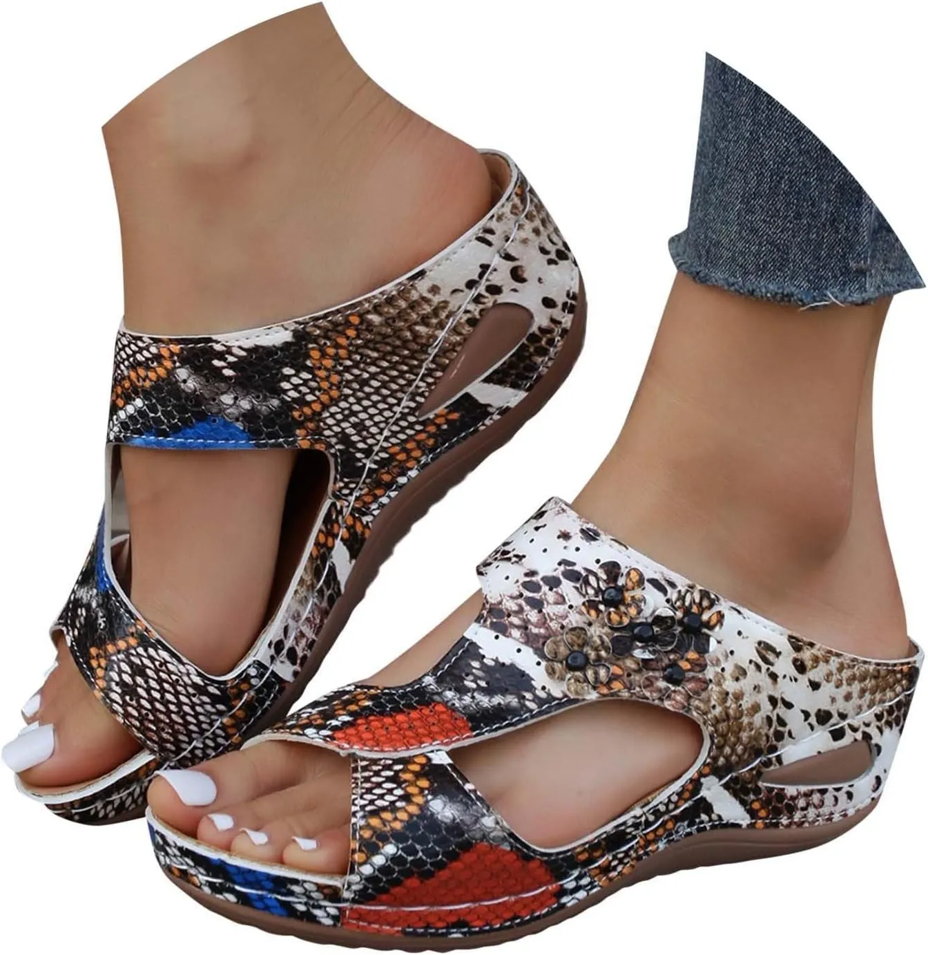 Orthopedic Wedge Sandals for Women,2025 Summer Casual Fashion Open Toe Breathable Mesh Sports Sandals Thick Sole Non Slip Lightweight Slip On Comfortable Flowers Arch Support Sandal for Beach Walking
