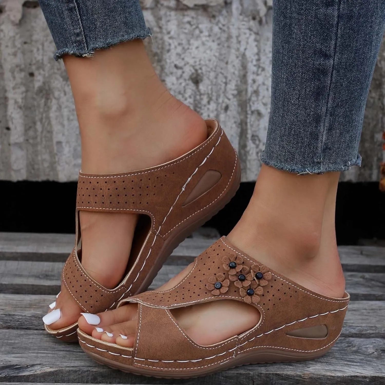 Orthopedic Wedge Sandals for Women,2025 Summer Casual Fashion Open Toe Breathable Mesh Sports Sandals Thick Sole Non Slip Lightweight Slip On Comfortable Flowers Arch Support Sandal for Beach Walking