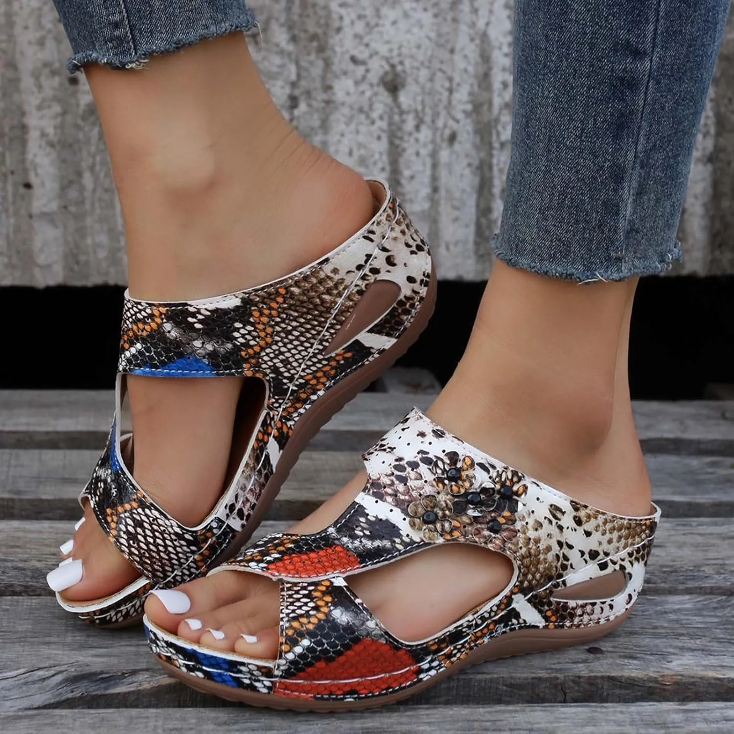 Orthopedic Wedge Sandals for Women,2025 Summer Casual Fashion Open Toe Breathable Mesh Sports Sandals Thick Sole Non Slip Lightweight Slip On Comfortable Flowers Arch Support Sandal for Beach Walking