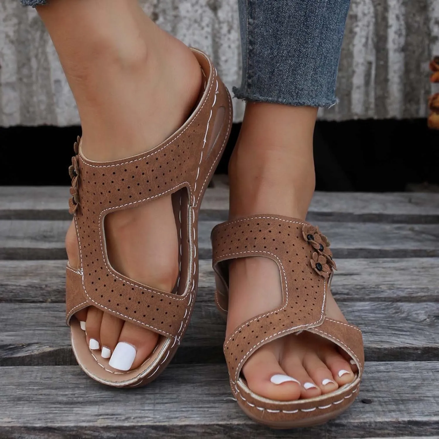 Orthopedic Wedge Sandals for Women,2025 Summer Casual Fashion Open Toe Breathable Mesh Sports Sandals Thick Sole Non Slip Lightweight Slip On Comfortable Flowers Arch Support Sandal for Beach Walking