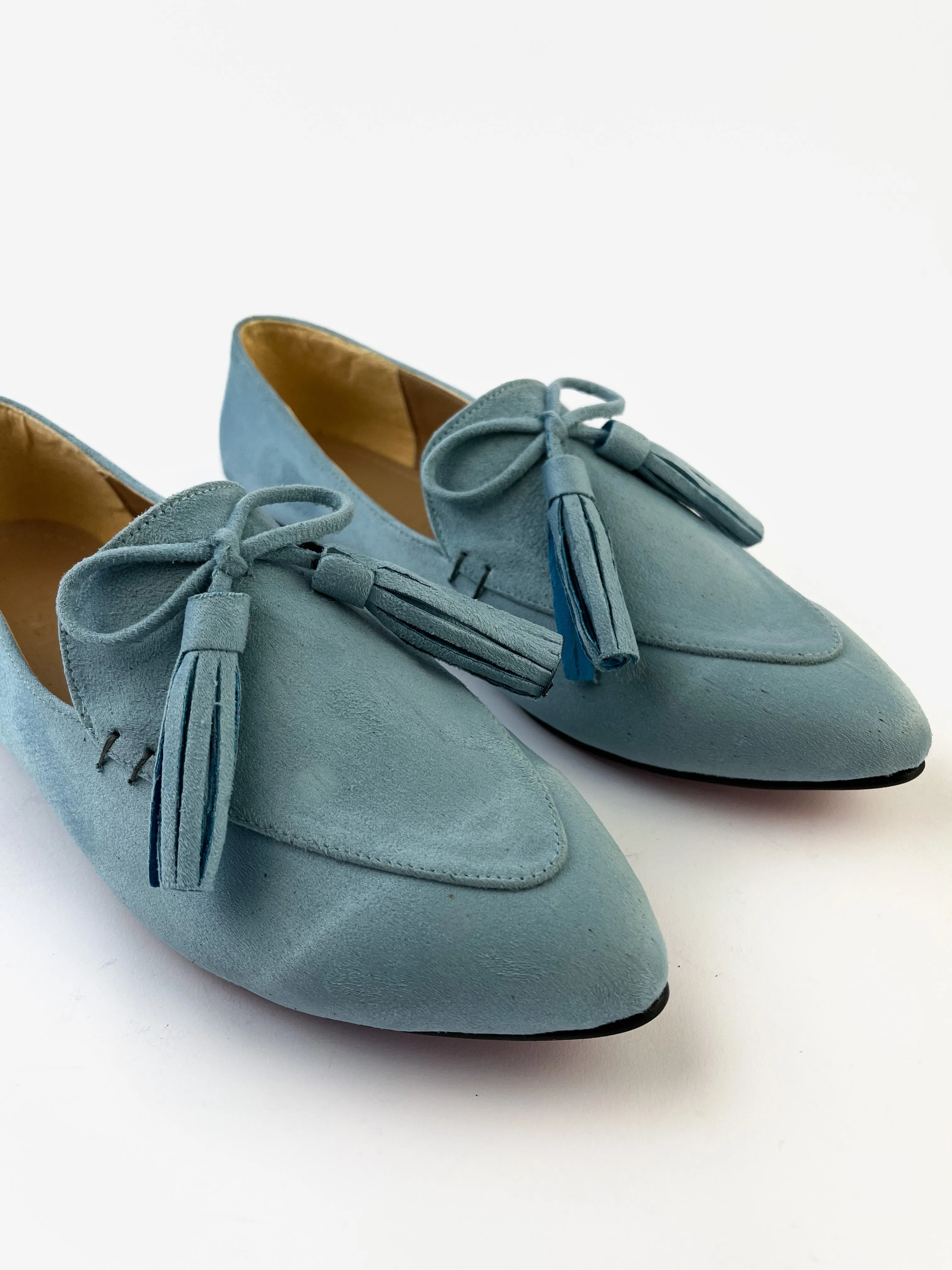 Pastel Blue Pointed Bow Tasseled Loafers