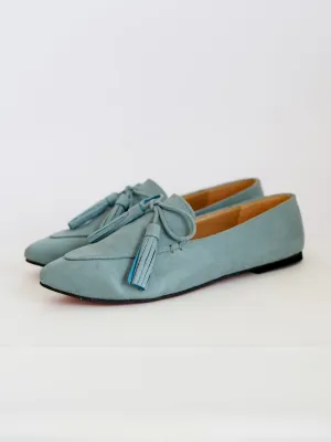Pastel Blue Pointed Bow Tasseled Loafers