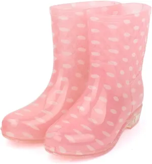 Qtqgoitem Pink White US 6.5 PVC Mid Calf Anti- Waterproof Rain Snow Garden Boots Wellies Shoes for Women (Model: e13 f76 2df ef1 b54)