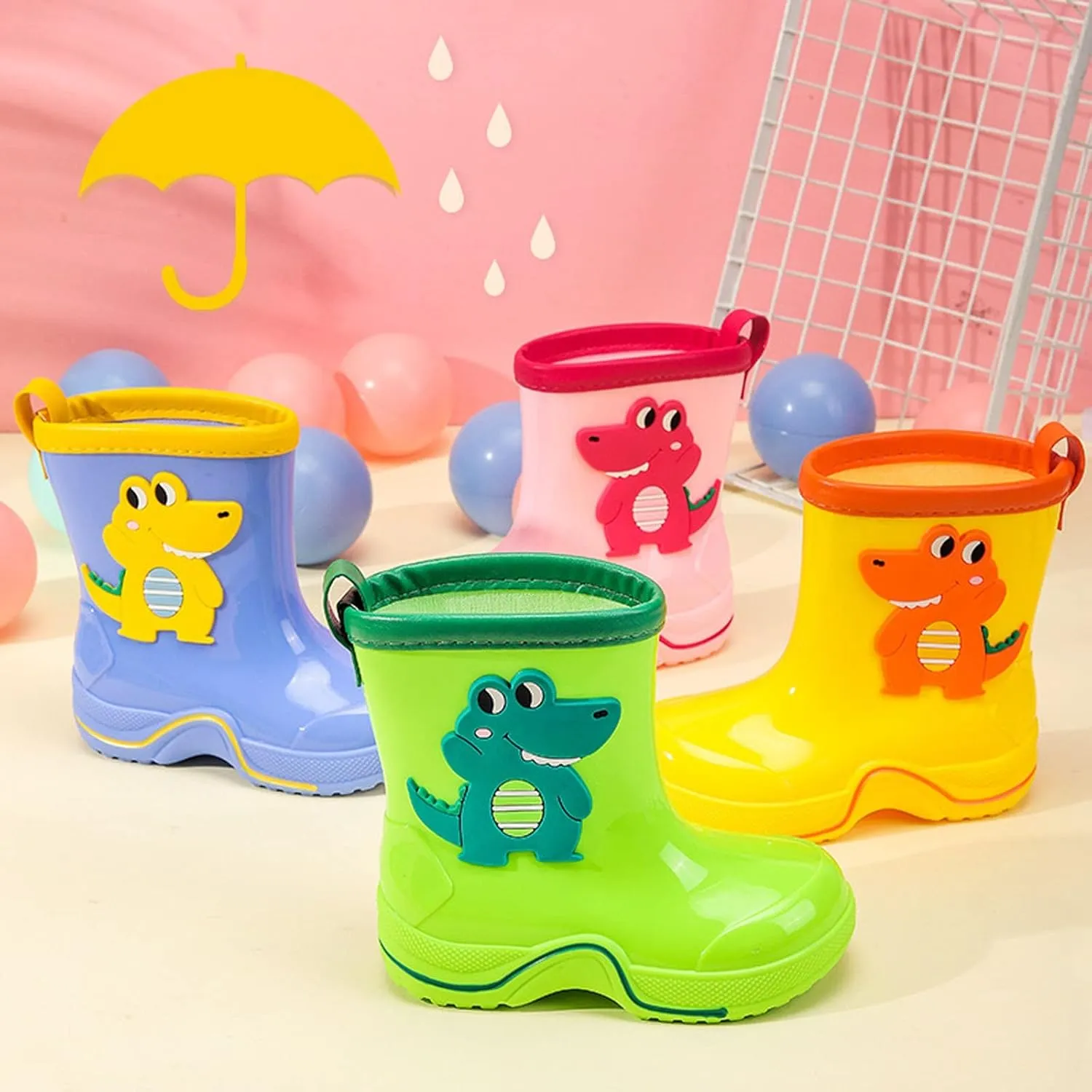Rain Boots Toddler Kids Cute Dinosaur Pull on Rain Boots Boys Girls Cartoon Animals Non Slip Water Shoes