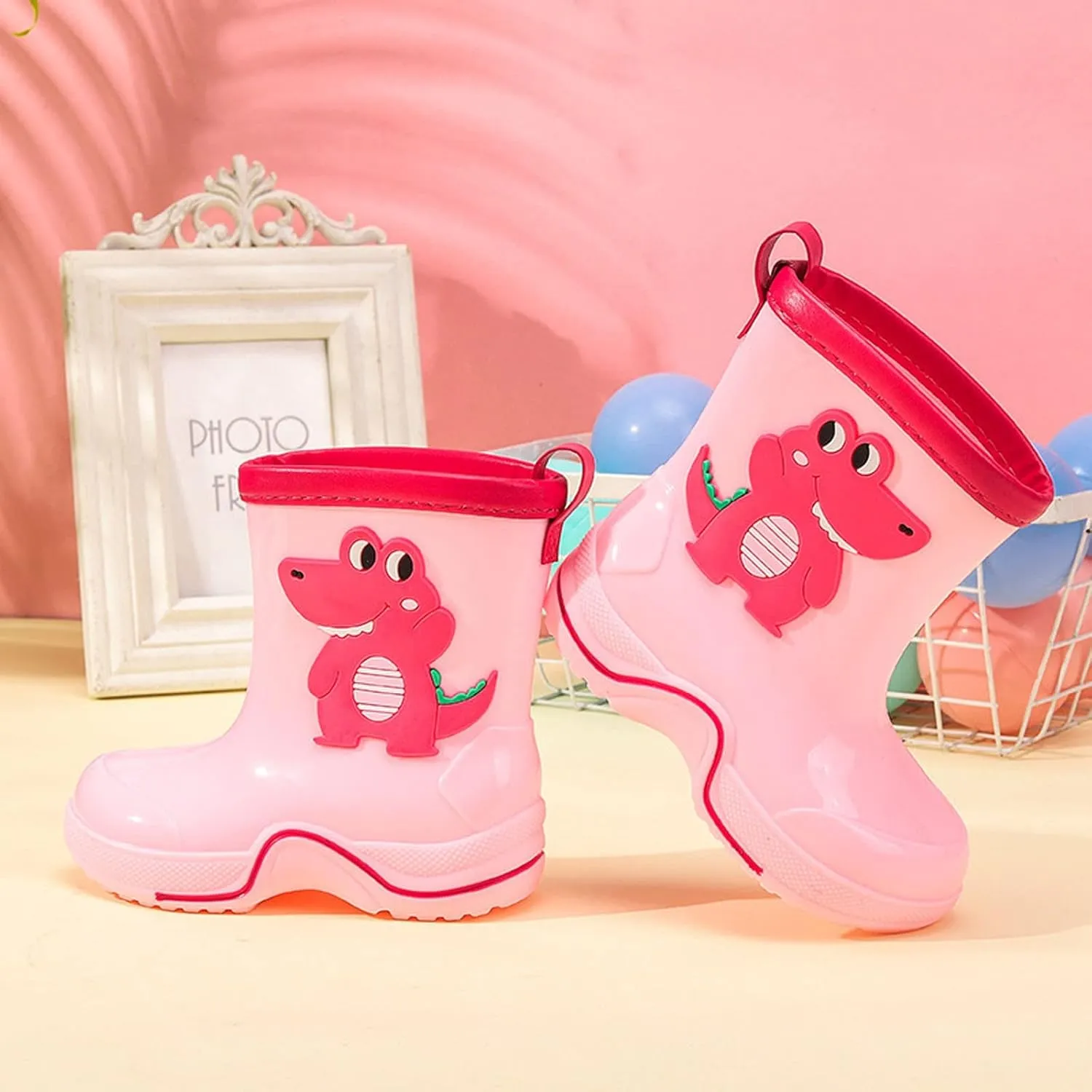 Rain Boots Toddler Kids Cute Dinosaur Pull on Rain Boots Boys Girls Cartoon Animals Non Slip Water Shoes