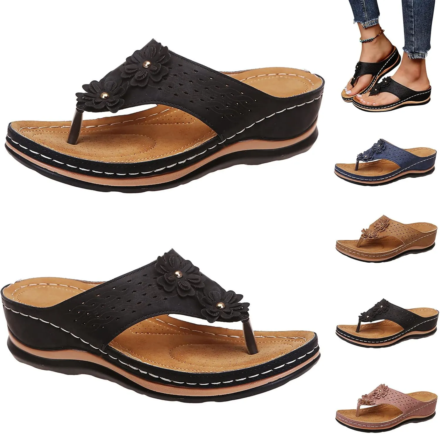 Sandals for Women 2025 Slip on Floral Casual Orthopedic Sandals for Women Platform Clip Toe Flip Flops with Arch Support