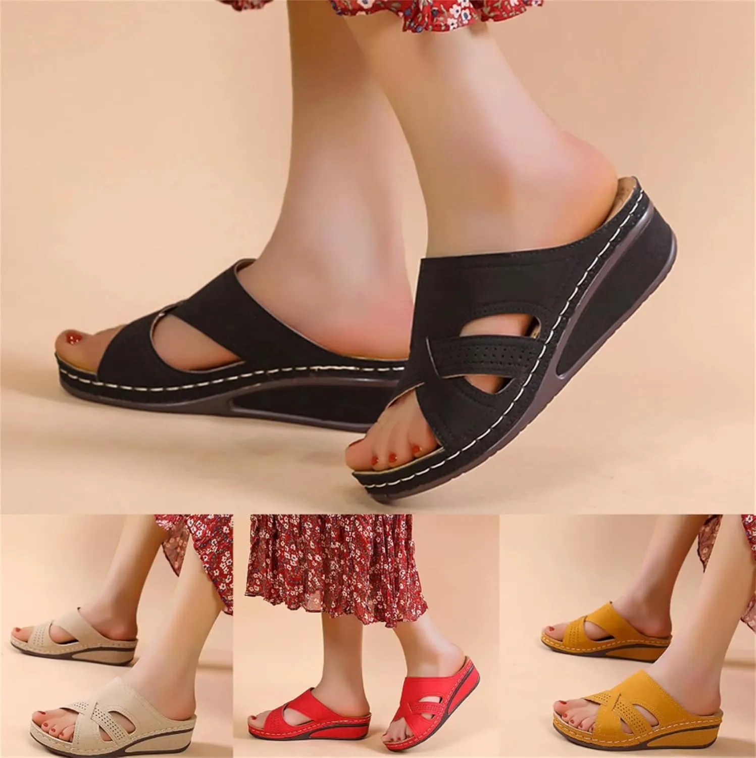 Sandals for Women Casual Summer 2025 Casual Slip on Sandals Orthopedic Wedge Flat Open Toe Platform Sandals Beach Sandals Dress Shoes Comfortable Outdoor Shoes