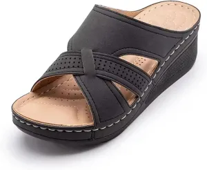 Sandals for Women Casual Summer 2025 Casual Slip on Sandals Orthopedic Wedge Flat Open Toe Platform Sandals Beach Sandals Dress Shoes Comfortable Outdoor Shoes