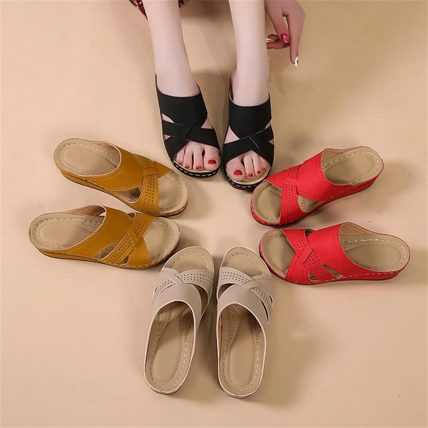 Sandals for Women Casual Summer 2025 Casual Slip on Sandals Orthopedic Wedge Flat Open Toe Platform Sandals Beach Sandals Dress Shoes Comfortable Outdoor Shoes