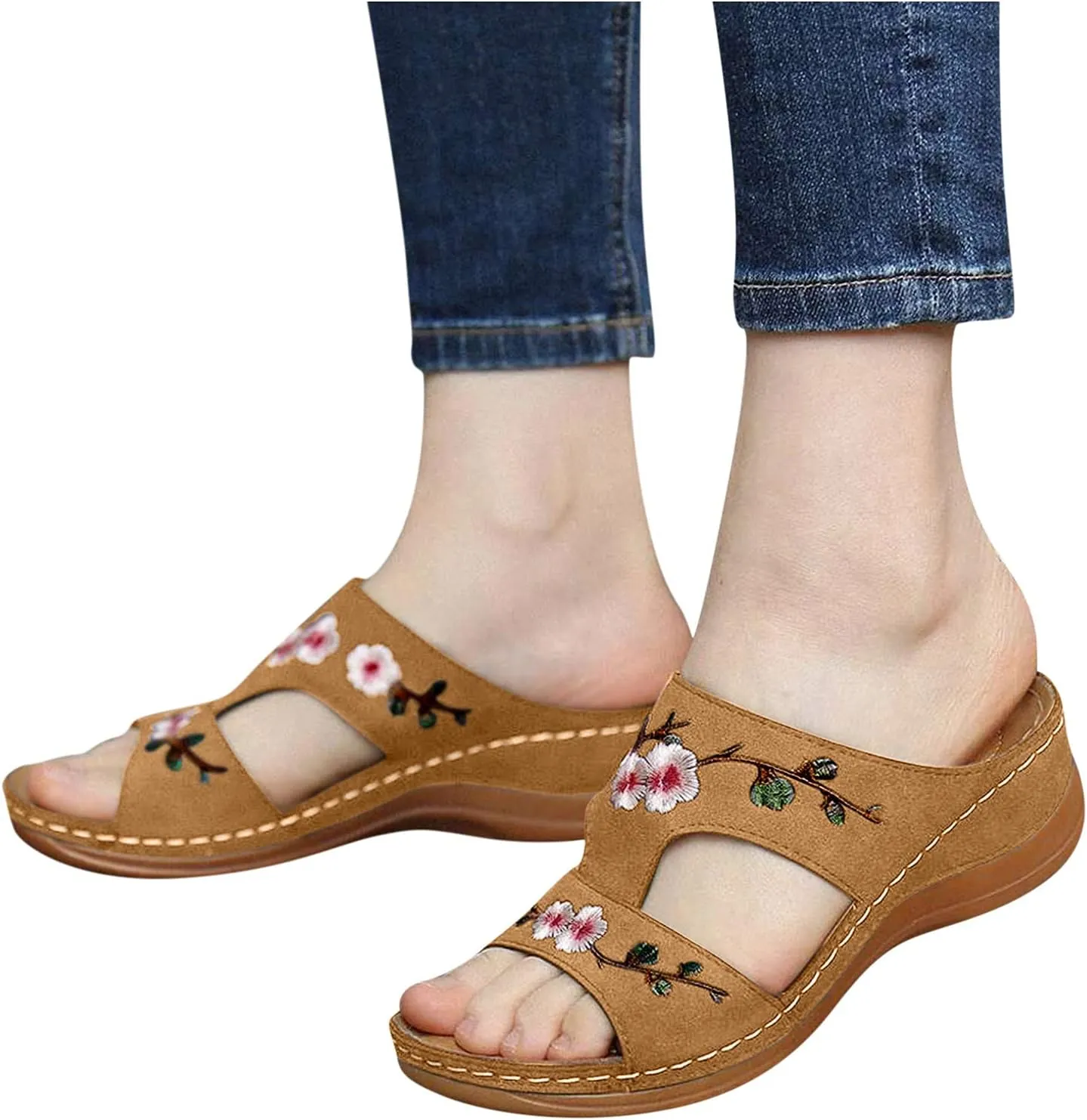 Sandals Ladies Heel Women's Flower Embroidery Shoes Fashion Wedge Summer Women's Arch Support Slippers