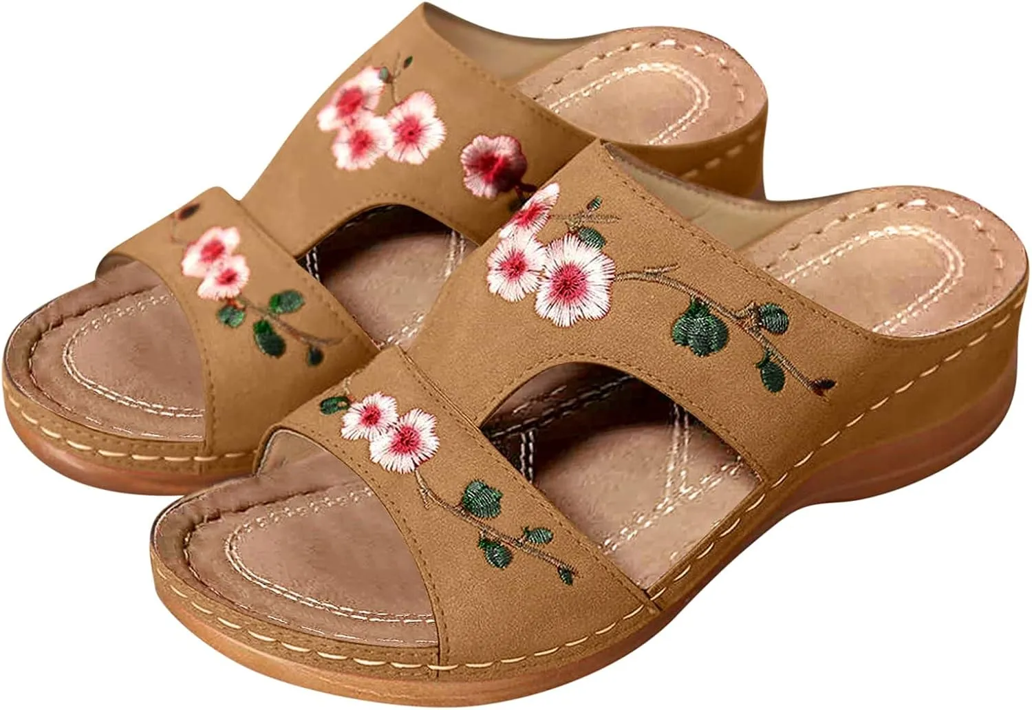 Sandals Ladies Heel Women's Flower Embroidery Shoes Fashion Wedge Summer Women's Arch Support Slippers