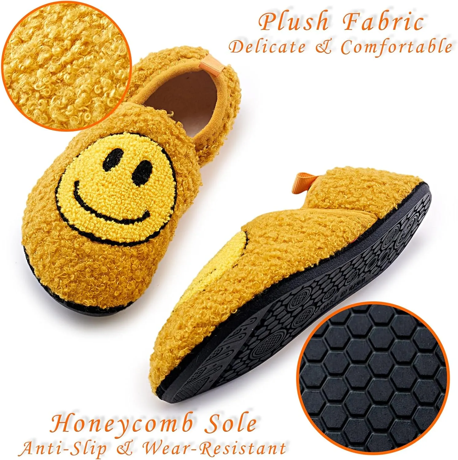 Smile Face Slippers Kids Fuzzy Indoor House Slippers Toddler Home Cozy Socks Cute Face Non-Slip Rubber Sole Warm Shoes Cartoon Soft For Boys Girls