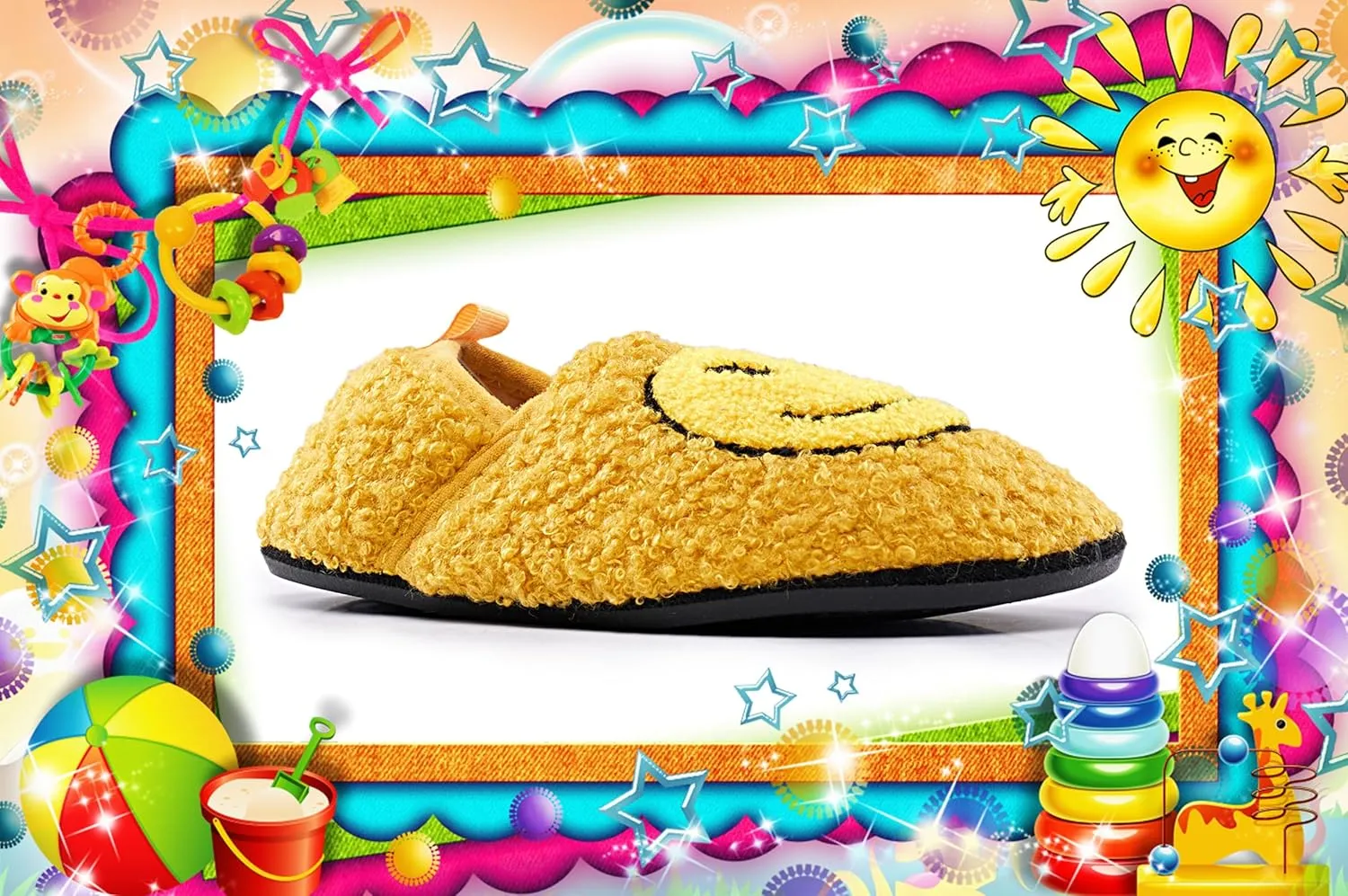 Smile Face Slippers Kids Fuzzy Indoor House Slippers Toddler Home Cozy Socks Cute Face Non-Slip Rubber Sole Warm Shoes Cartoon Soft For Boys Girls