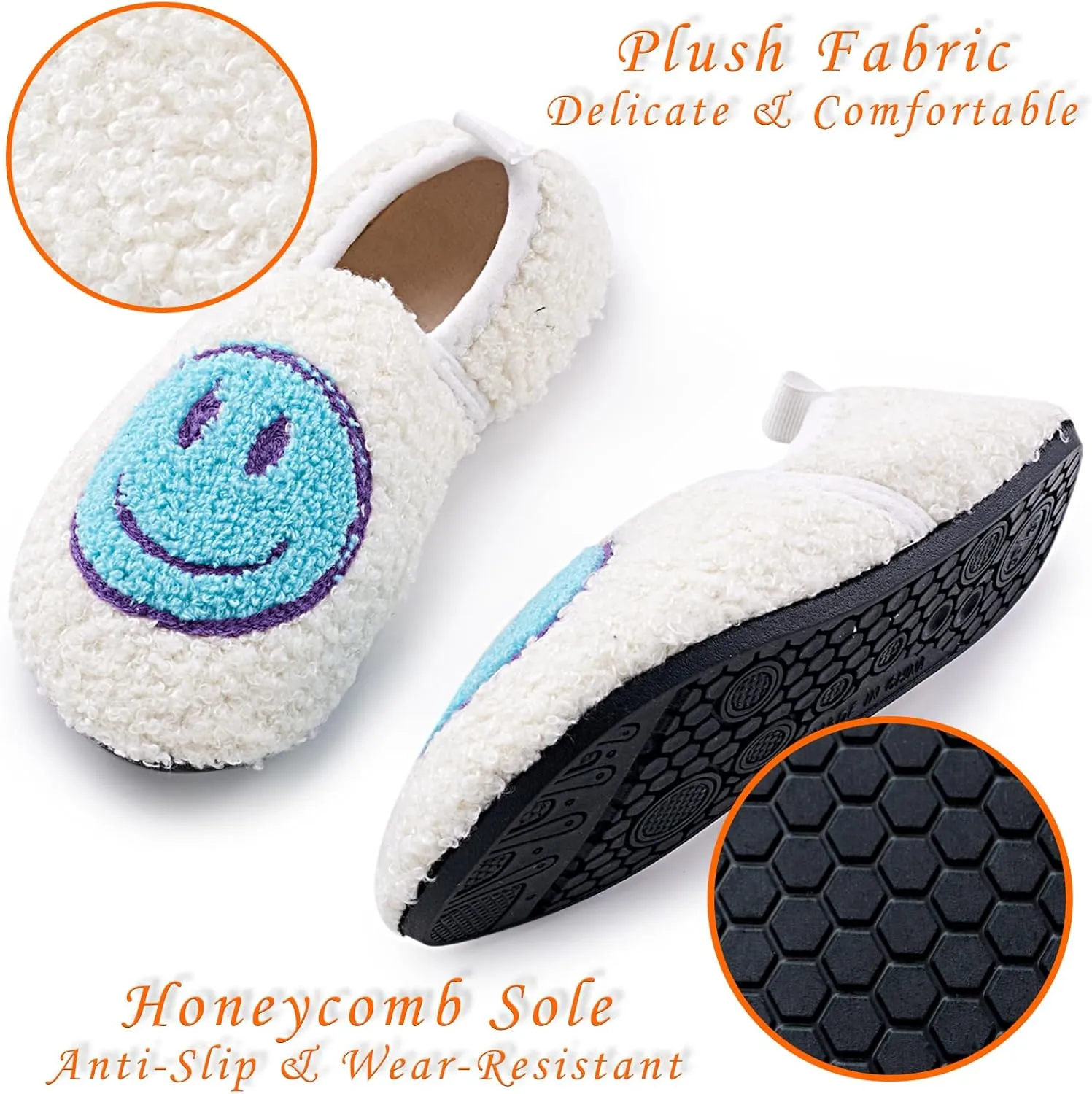Smile Face Slippers Kids Fuzzy Indoor House Slippers Toddler Home Cozy Socks Cute Face Non-Slip Rubber Sole Warm Shoes Cartoon Soft For Boys Girls