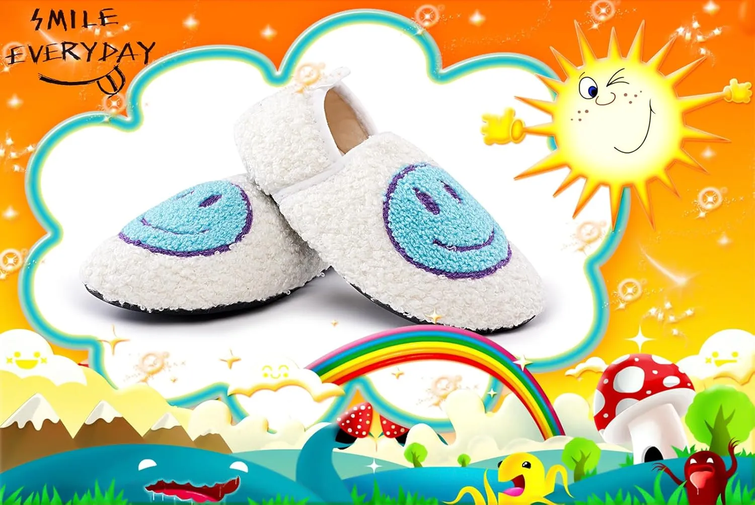 Smile Face Slippers Kids Fuzzy Indoor House Slippers Toddler Home Cozy Socks Cute Face Non-Slip Rubber Sole Warm Shoes Cartoon Soft For Boys Girls
