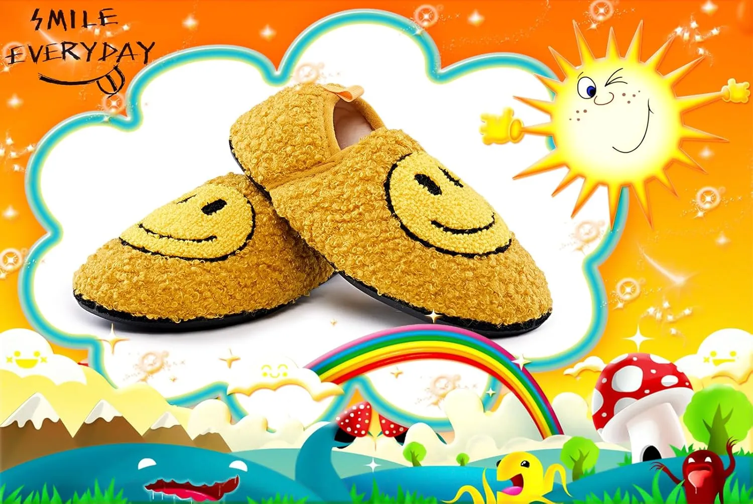 Smile Face Slippers Kids Fuzzy Indoor House Slippers Toddler Home Cozy Socks Cute Face Non-Slip Rubber Sole Warm Shoes Cartoon Soft For Boys Girls