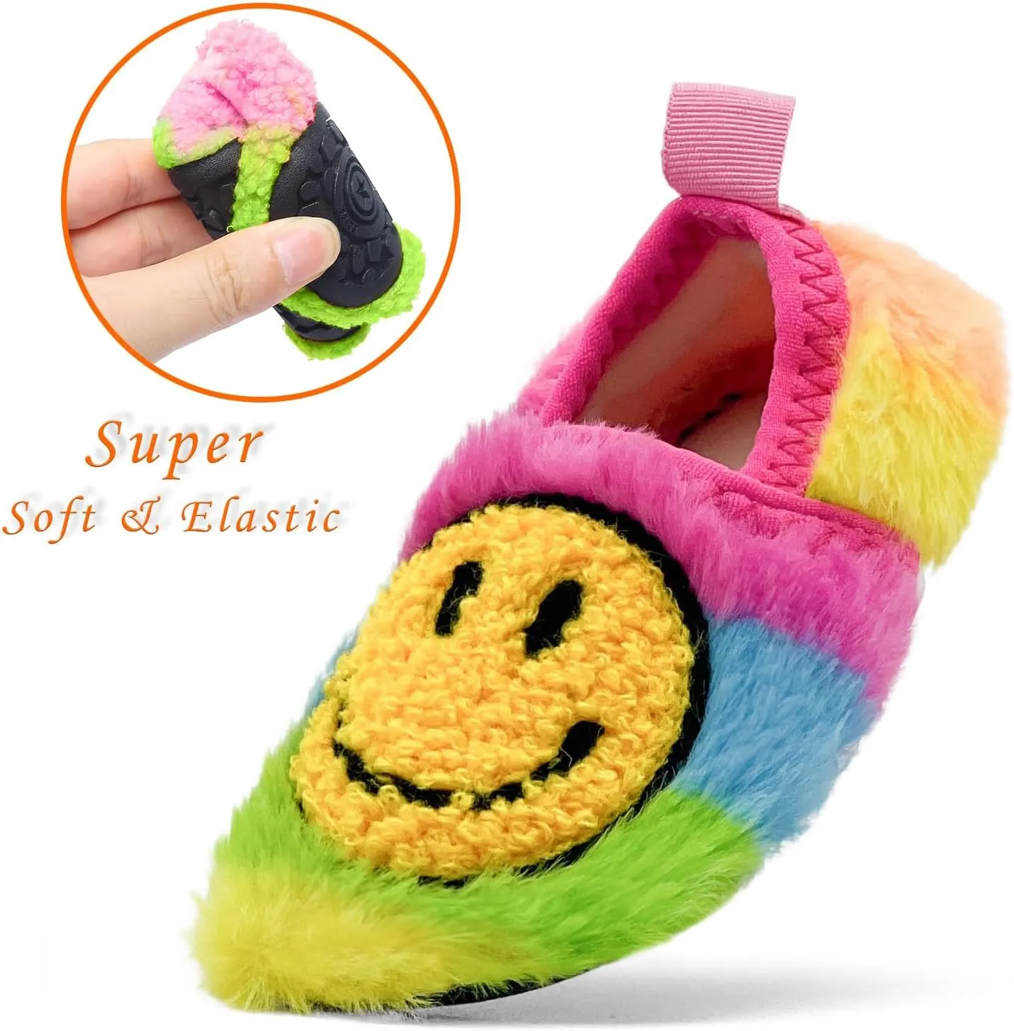Smile Face Slippers Kids Fuzzy Indoor House Slippers Toddler Home Cozy Socks Cute Face Non-Slip Rubber Sole Warm Shoes Cartoon Soft For Boys Girls