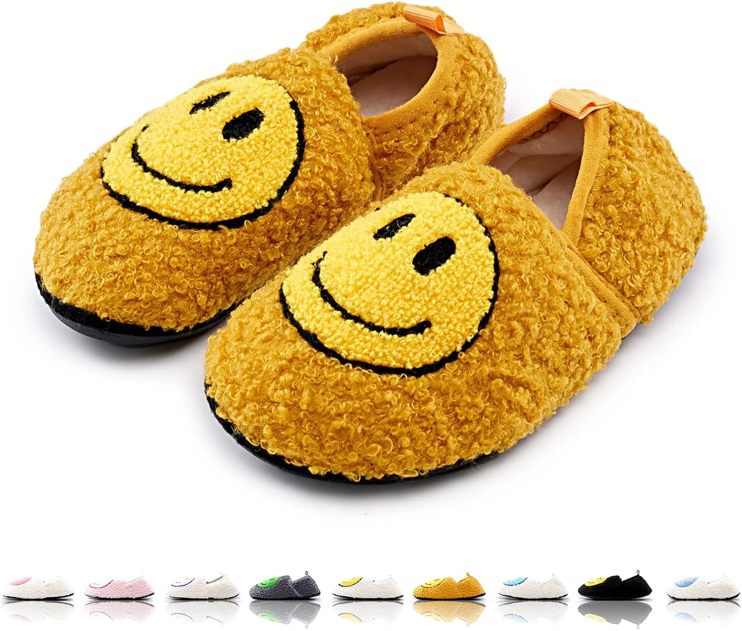 Smile Face Slippers Kids Fuzzy Indoor House Slippers Toddler Home Cozy Socks Cute Face Non-Slip Rubber Sole Warm Shoes Cartoon Soft For Boys Girls