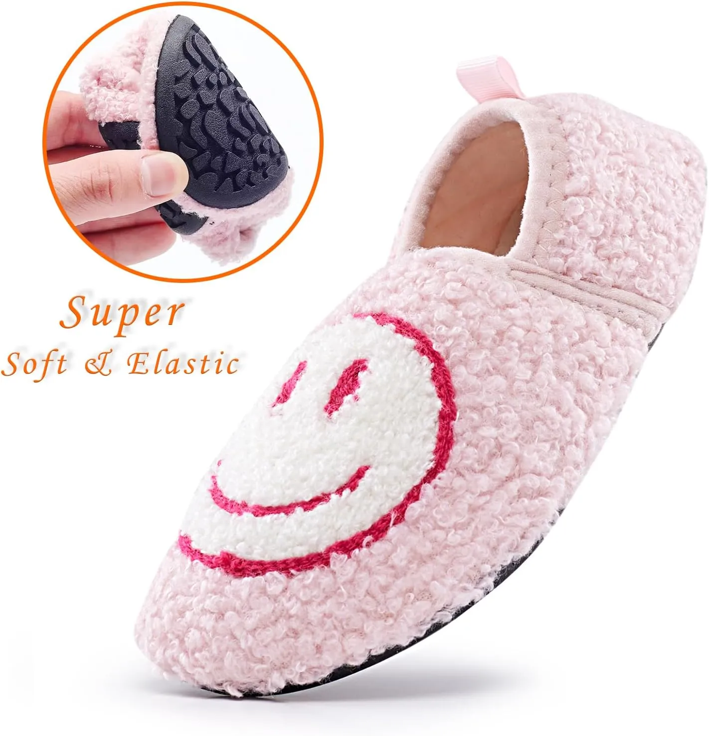 Smile Face Slippers Kids Fuzzy Indoor House Slippers Toddler Home Cozy Socks Cute Face Non-Slip Rubber Sole Warm Shoes Cartoon Soft For Boys Girls