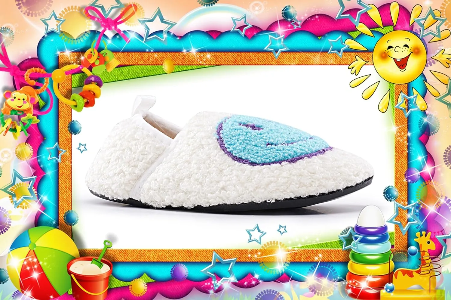Smile Face Slippers Kids Fuzzy Indoor House Slippers Toddler Home Cozy Socks Cute Face Non-Slip Rubber Sole Warm Shoes Cartoon Soft For Boys Girls