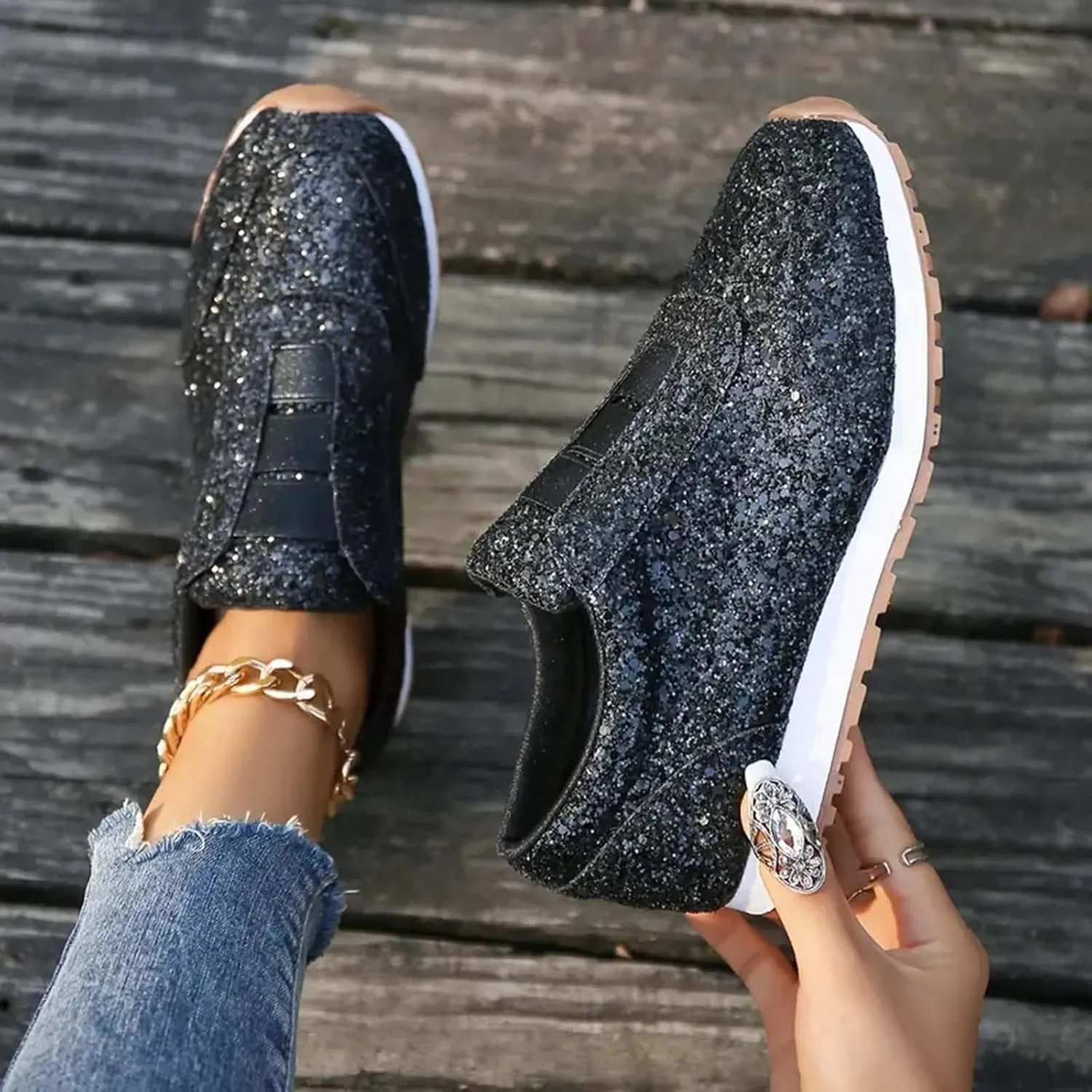Sparkly Tennis Shoes for Women 2025 Trendy Gold Rhinestone Sneakers Rhinestone Glitter Casual Shoes Orthopedic Walking Shoes
