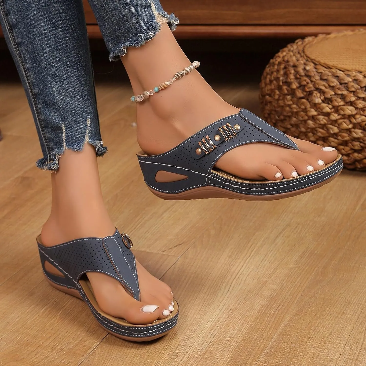 SuanlaTDS Summer Sandals for Women 2025 Orthopedic Flip Flops Wedge Dressy Platform Arch Support Comfortable Low Heels Bohemian Beach Shoes Elegant Outdoor Walking Slip On Slides Sandal