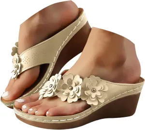 Summer Sandals for Women 2025 Comfortable Orthopedic Sandals 2025 Summer Casual Fashionable Flower Decoration Cushion Breathable Low Heel Flip Flops Boho Floral Beach Vacation Wide Width Outdoor Shoes